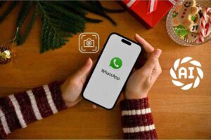 persona con un cellulare su cui si vede Whatsapp e il logo AI